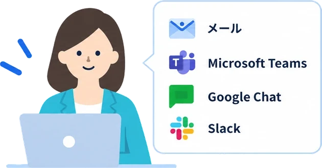 メール、Microsoft Teams、Google Chat、Slackから受け取れる